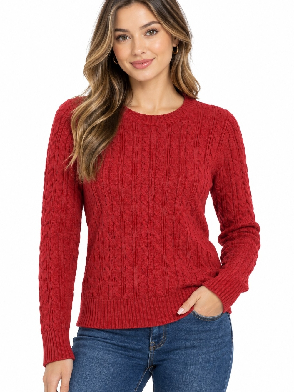 St. John's Bay Cable Knit Crewneck Sweater - Red Size S